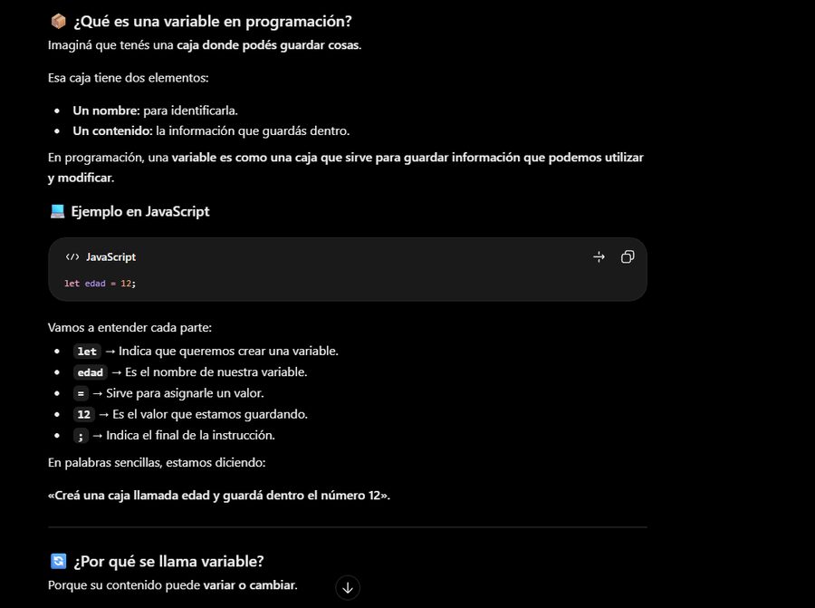 Respuesta de ChatGPT: la variable como una caja con nombre y contenido