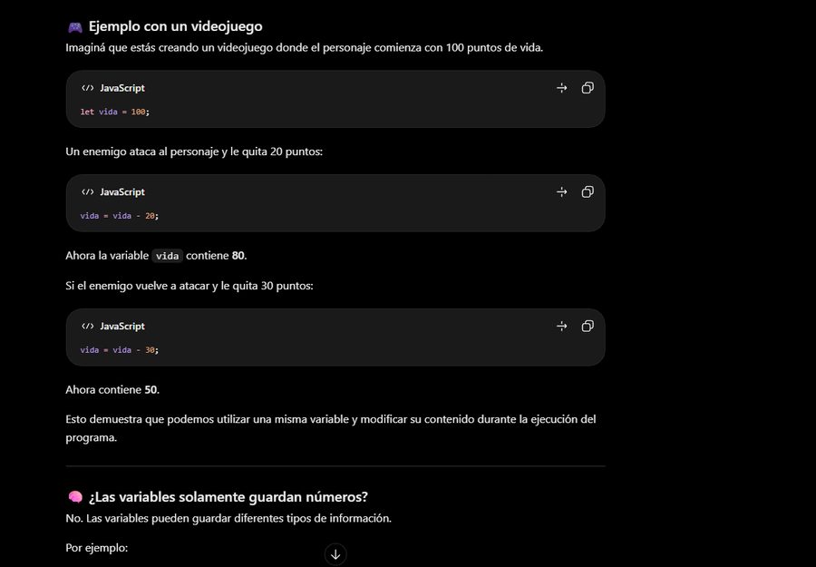 ChatGPT explica variables con un ejemplo de videojuego