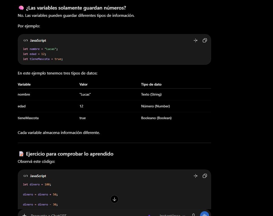 ChatGPT muestra una tabla con tipos de datos