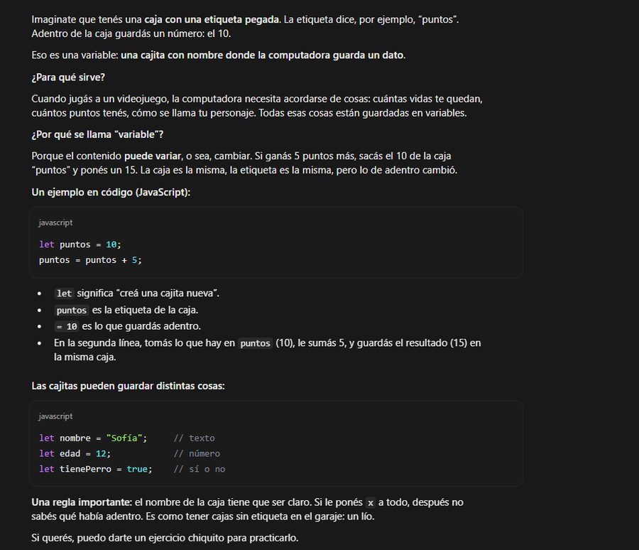 Respuesta de Claude explicando qué es una variable con una caja con etiqueta