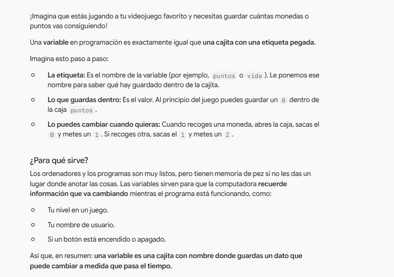 Respuesta de Gemini explicando la variable como una cajita con etiqueta